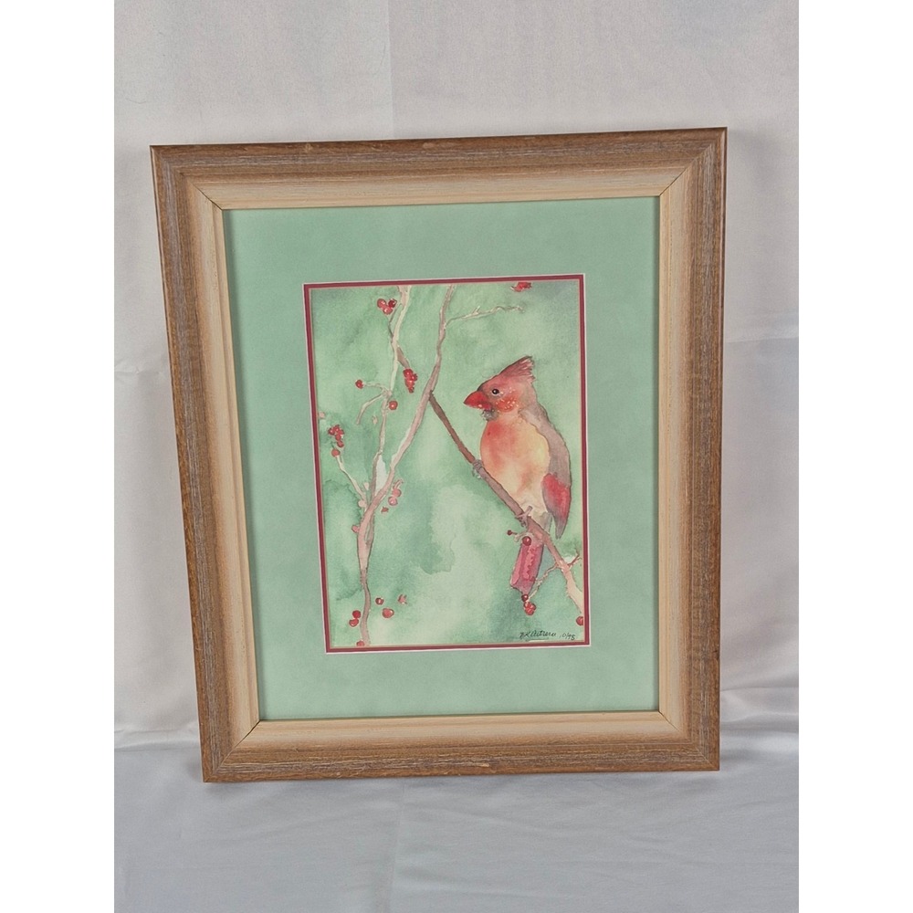 Vintage‎ Signed Cardinal Watercolor Painting Framed Red Bird Art Cottage Decor